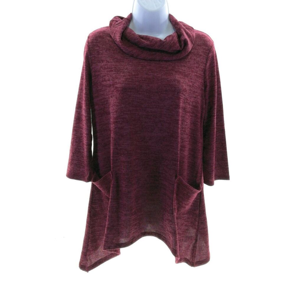 Amana Apparel Cranberry Cowl Neck Asymmetric Hem Top - Women's Size Small - Chic